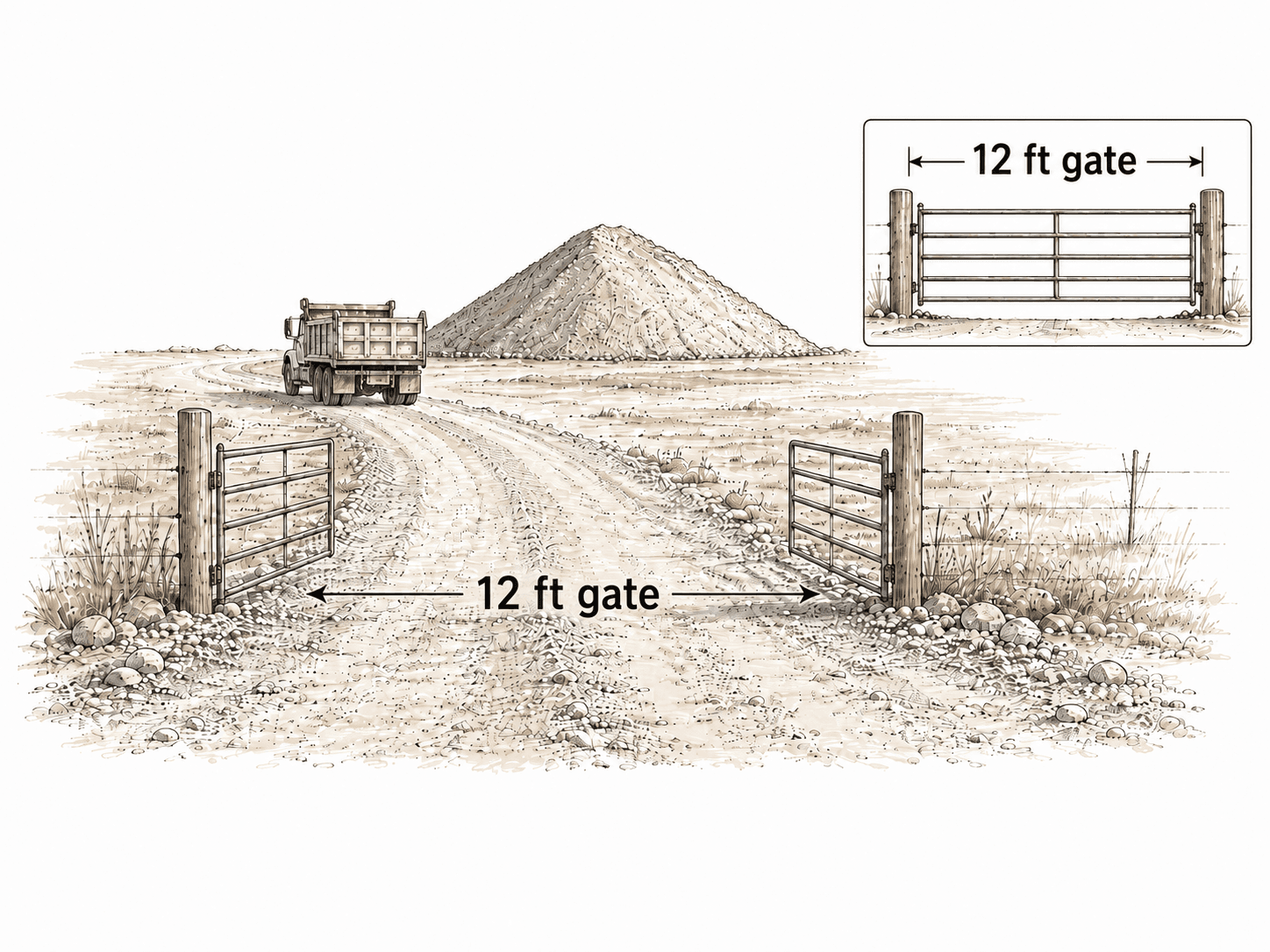 A dump truck on a gravel approach driving through a 12-foot gate toward the stockpile, with an inset diagram showing the gate width.