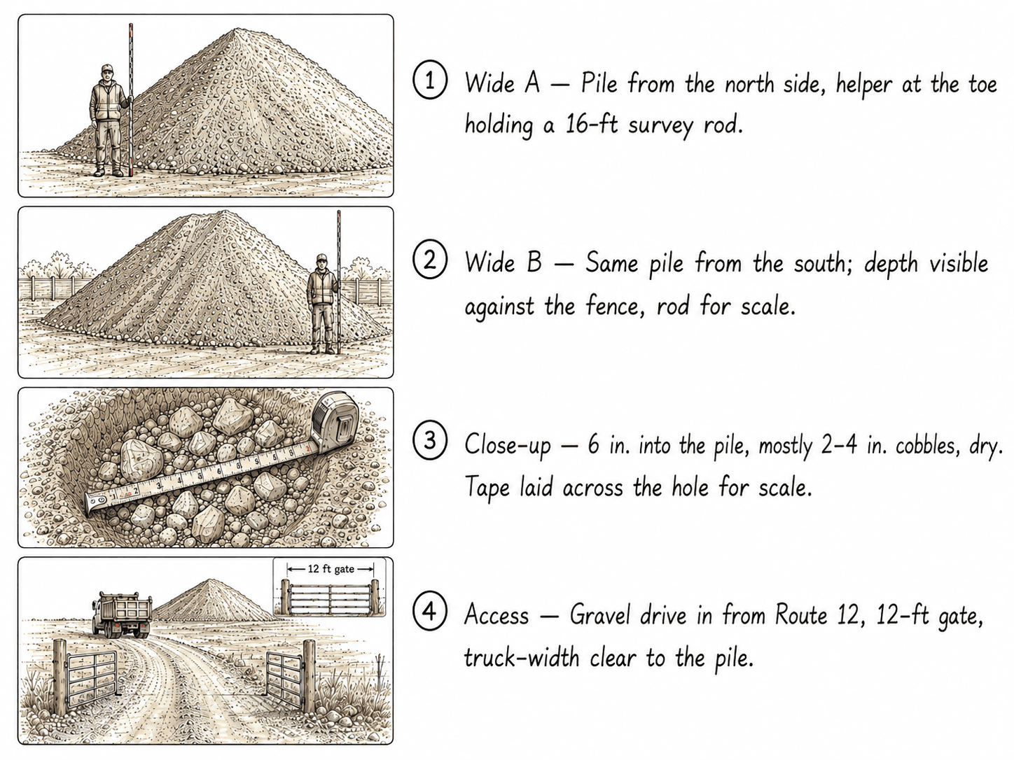 Four-panel overview: Wide A, Wide B, Close-up, and Access shots each paired with their one-line buyer-facing caption.